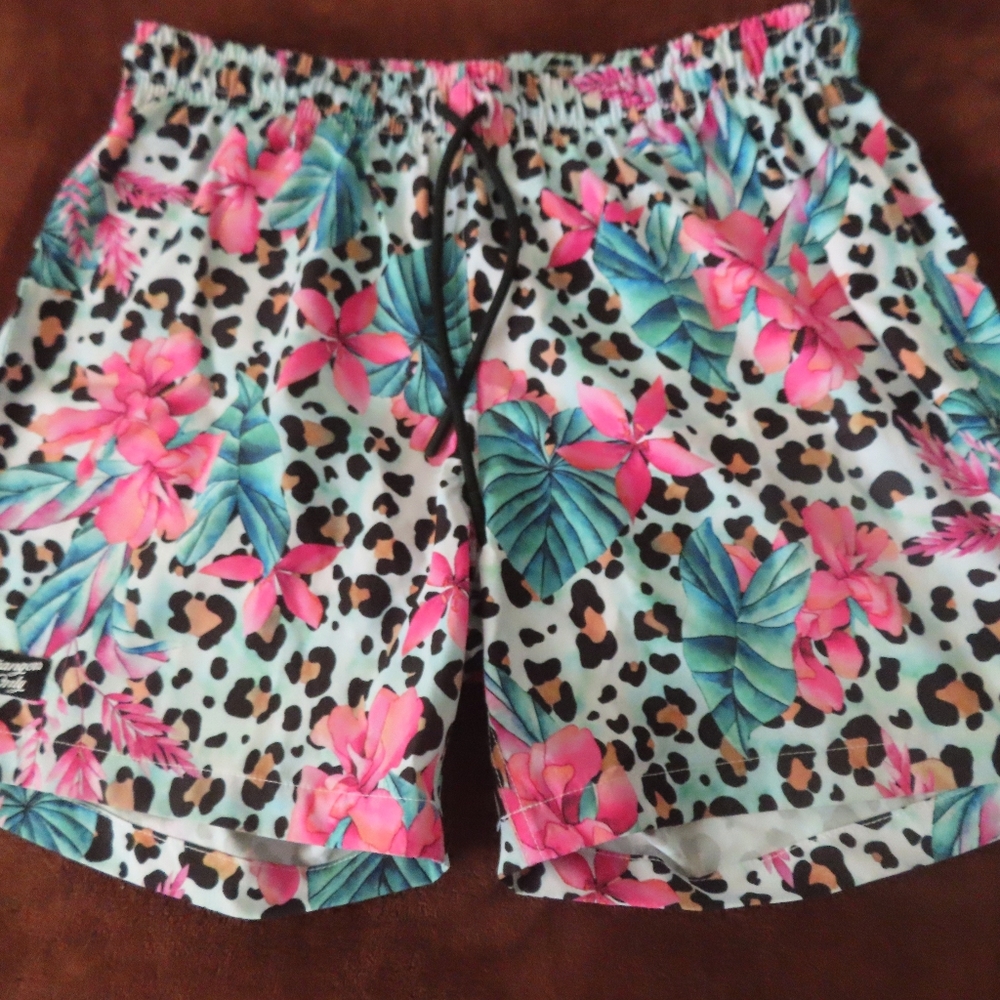Strangers Only cheetah flower print Brief Lined Swim Shorts 5.5" Small #2